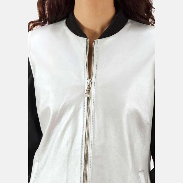 Women’s Black & White Leather Bomber Jacket