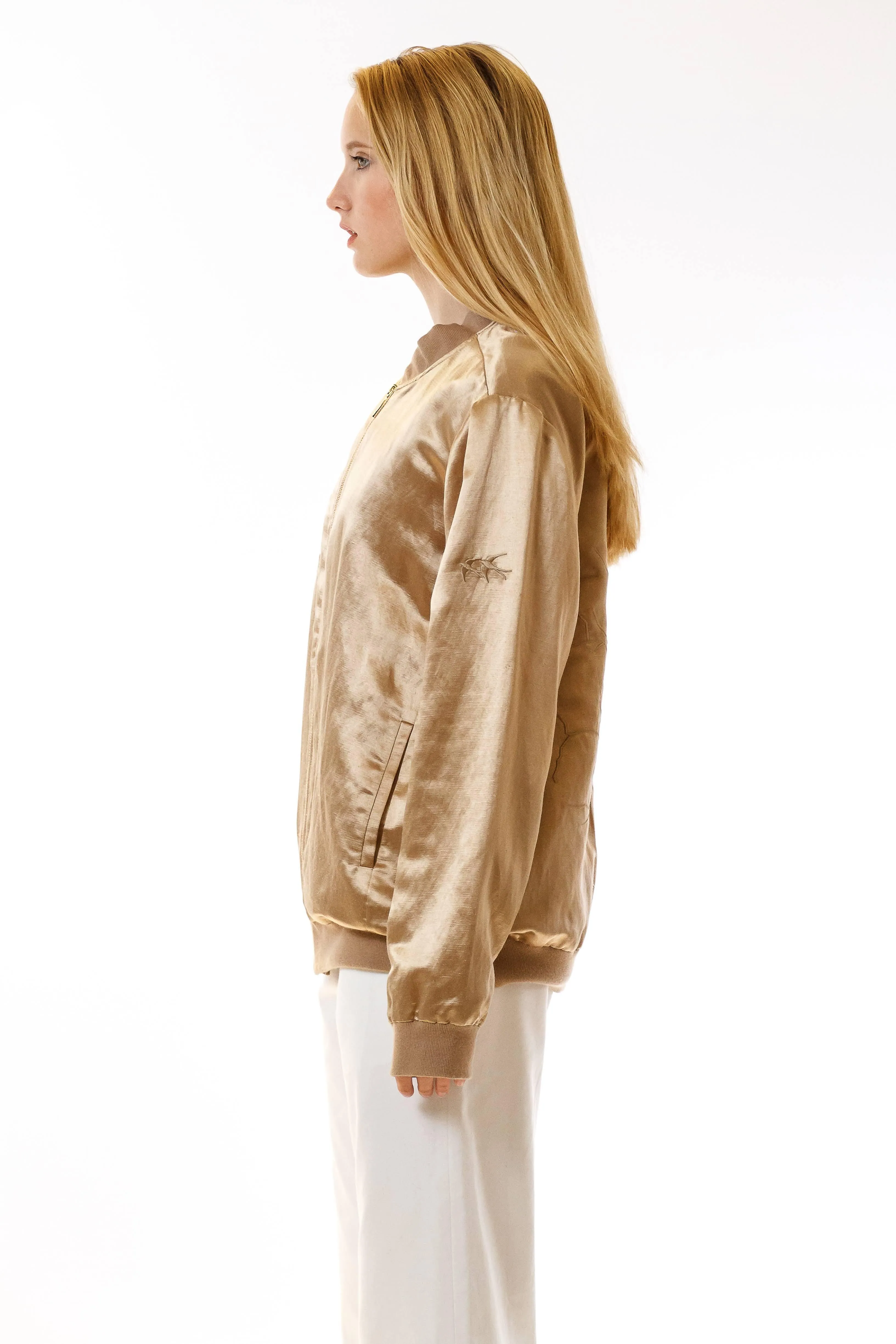 Womens Embroidered Silk Bomber