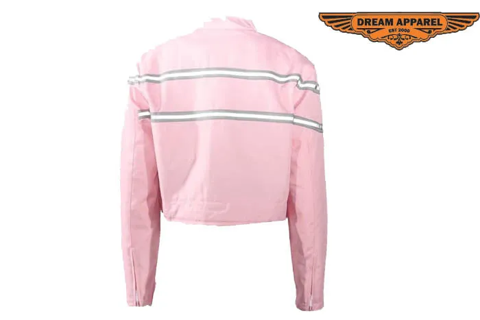 Women's Light Pink Lightweight Racer Style Textile Jacket W/ White Stripes