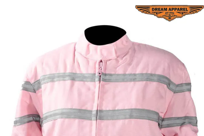 Women's Light Pink Lightweight Racer Style Textile Jacket W/ White Stripes