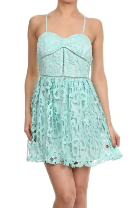 Womens Mint Crochet Lace Sweetheart Cocktail A-Line Mini Dress