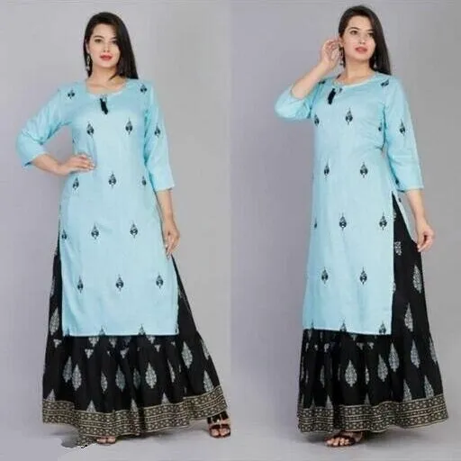 Women's Printed Plus Size Rayon Kurta with Skirt Set